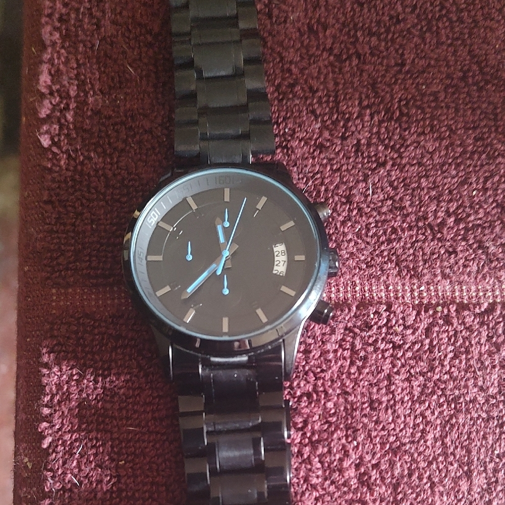 Men's Black Stainless Steel Chronograph Watch with Blue Accents